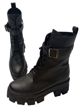 Chunky Black Lace-Up Combat Boots with Buckle Strap